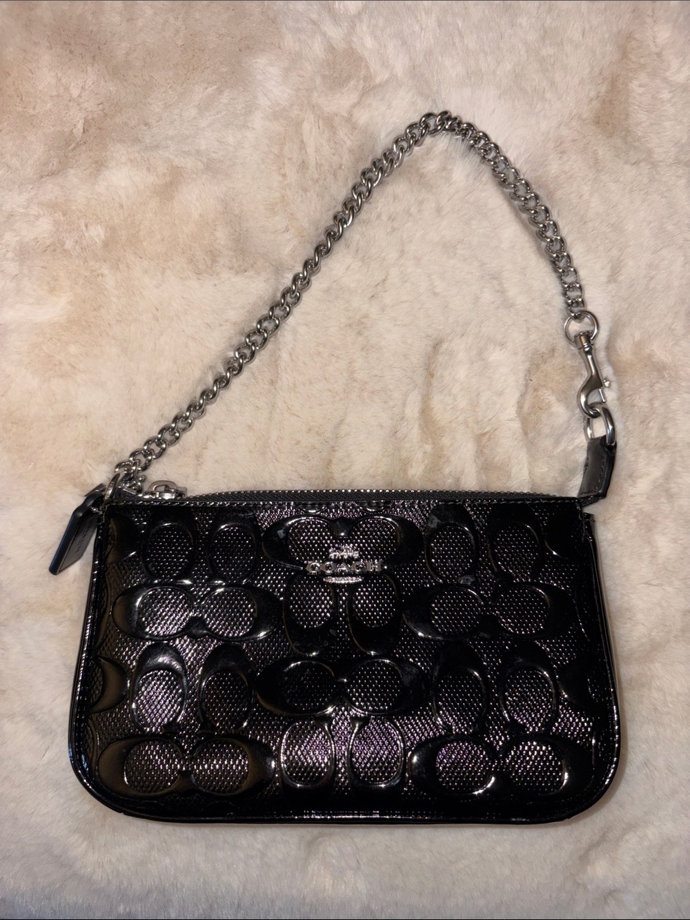 Coach Black Patent Signature Purse with Silver Chain
